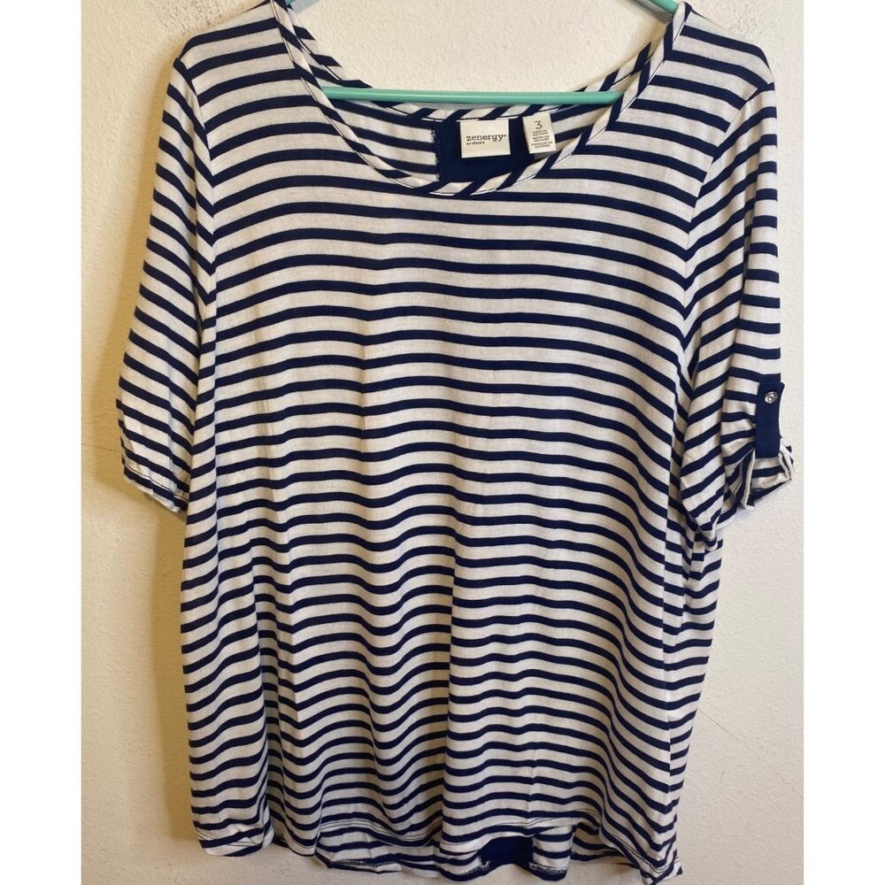 Zenergy By Chico’s SZ 3 Navy Blue White Stripe Modal Tab Short Sleeves Top Shirt